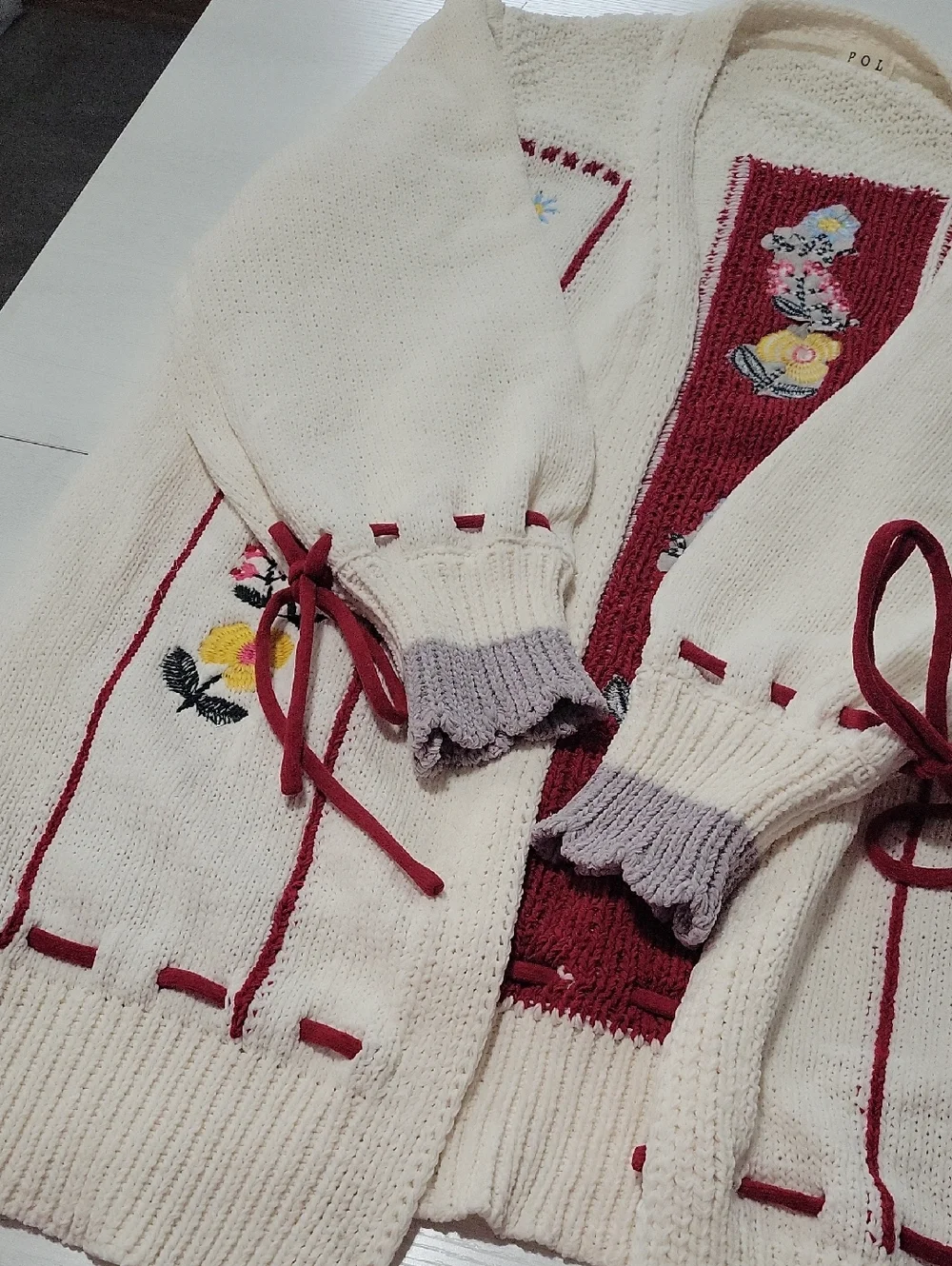 NWT POL Large Cream Open-Front Cardigan with Red Floral Embroidery - Picture 6 of 7